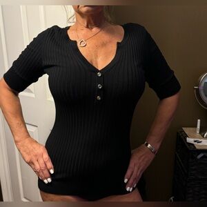 Black 3/4 sleeve ribbed sweater by INC